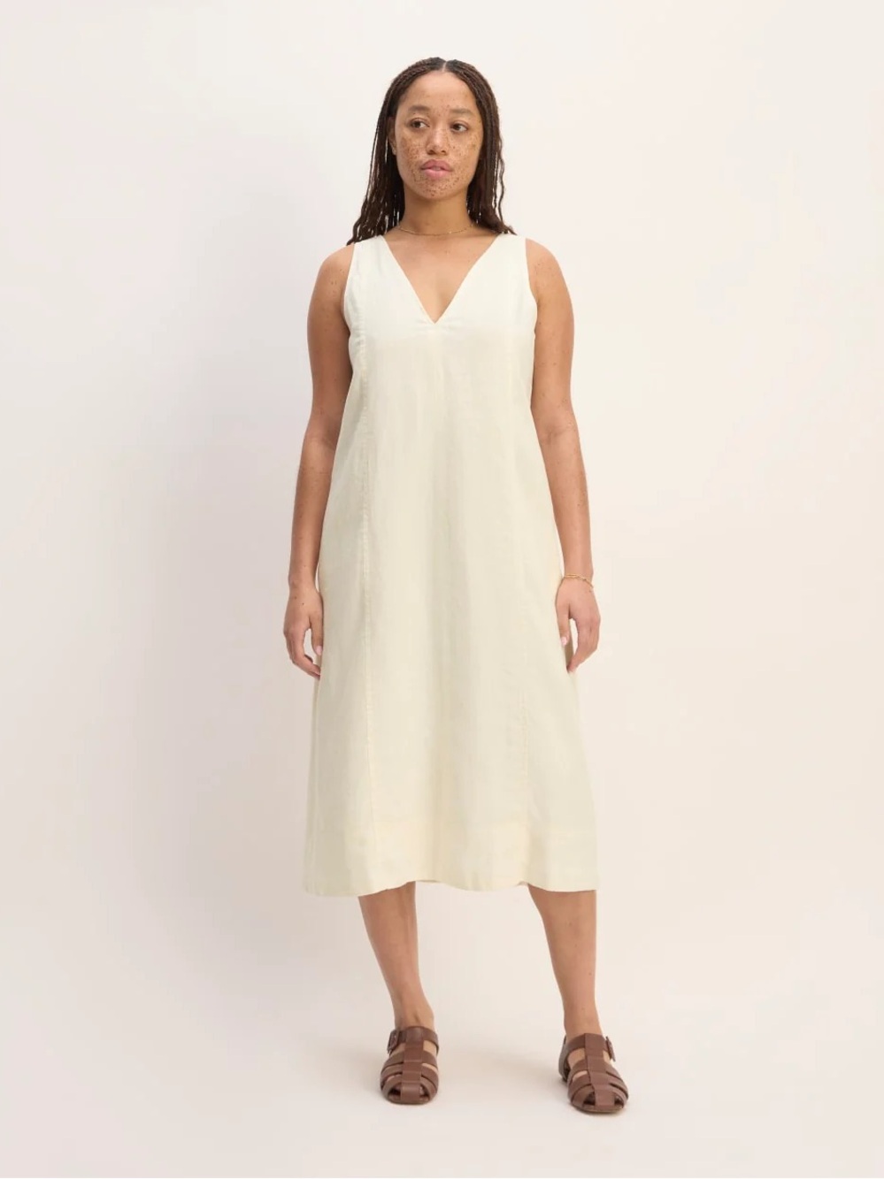 Everlane The Linen V-Neck Midi Dress in bone Size 12